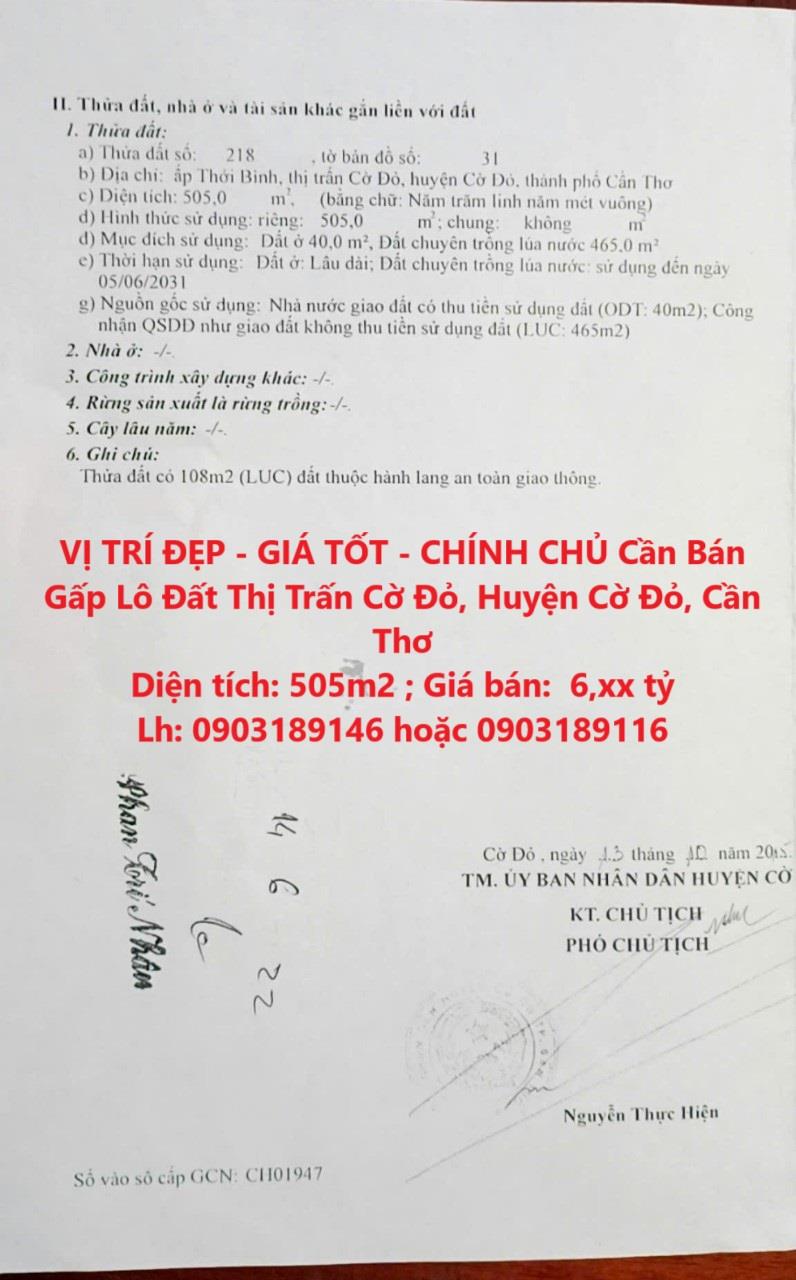 VỊ TRÍ ĐẸP - GIÁ TỐT - CHÍNH CHỦ Cần Bán Gấp Lô Đất Thị Trấn Cờ Đỏ, Huyện Cờ Đỏ, Cần Thơ2091499