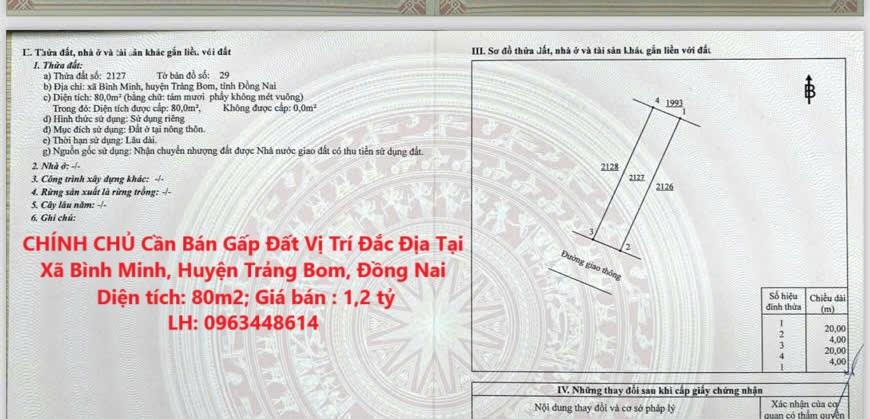 CHÍNH CHỦ Cần Bán Gấp Đất Vị Trí Đắc Địa Tại Xã Bình Minh, Huyện Trảng Bom, Đồng Nai2072340