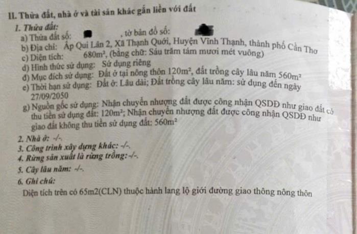 CHÍNH CHỦ BÁN ĐẤT Ở THỔ CƯ VÀ VƯỜN VIEW SÔNG Tại Ấp Qui Lân 2, Thạnh Qưới, Vĩnh Thạnh, Cần Thơ2125449