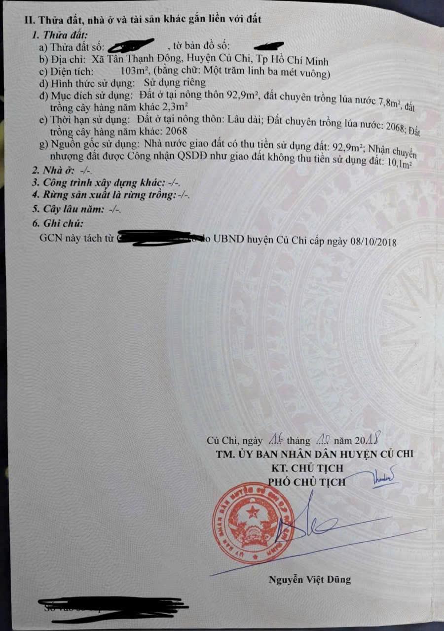 MÌNH CHÍNH CHỦ CÓ ĐẤT THỔ CƯ CẦN BÁN NHANH - NẰM TRÊN ĐỊA BÀN XXA TẬN THẠNH ĐÔNG - CỦ CHI - 103M22242339