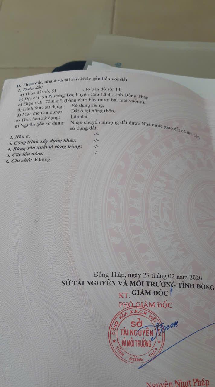 Do Không Có Nhu Cầu Sử Dụng, Chính Chủ Bán Gấp Lô Đất Tại Xã Phương Trà, Huyện Cao Lãnh, Đồng Tháp2150285