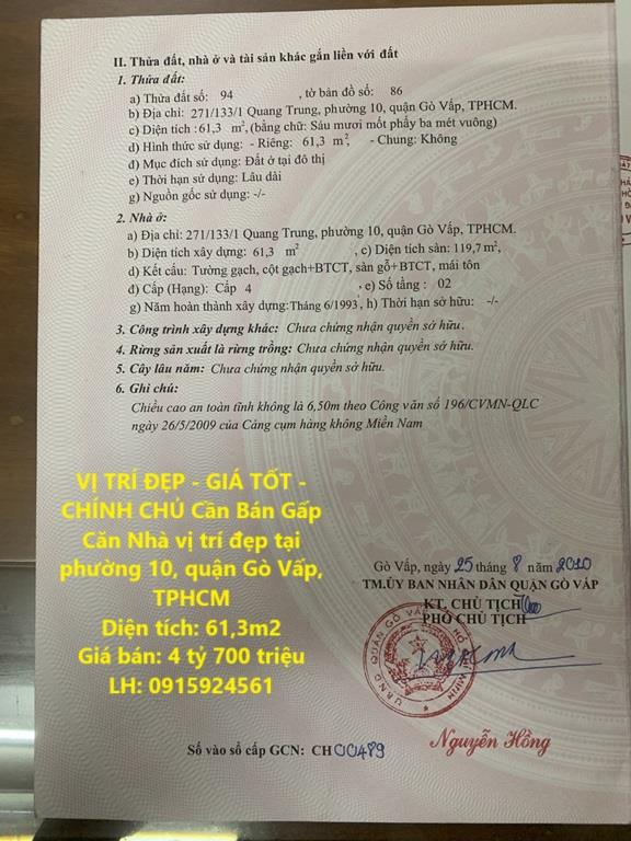 VỊ TRÍ ĐẸP - GIÁ TỐT - CHÍNH CHỦ Cần Bán Gấp Căn Nhà vị trí đẹp tại phường 10, quận Gò Vấp, TPHCM2093970