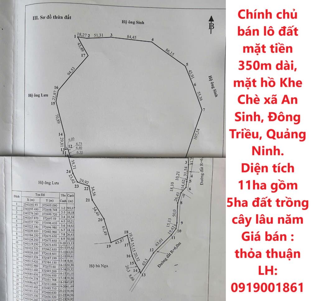 Chính chủ bán lô đất mặt tiền 350m dài, mặt hồ Khe Chè xã An Sinh, Đông Triều, Quảng Ninh.2157112