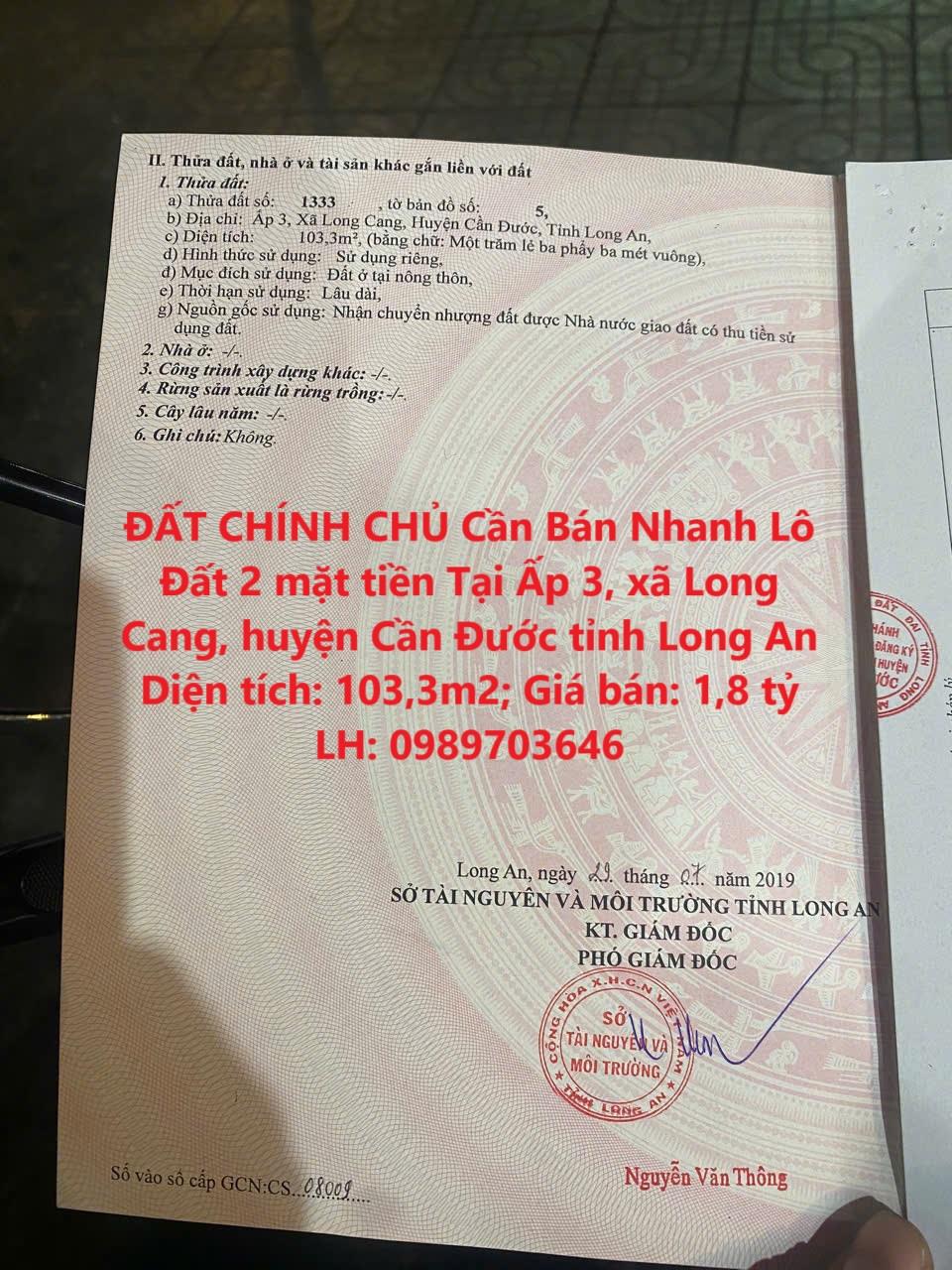 ĐẤT CHÍNH CHỦ Cần Bán Nhanh Lô Đất 2 mặt tiền Tại huyện Cần Đước tỉnh Long An2128862