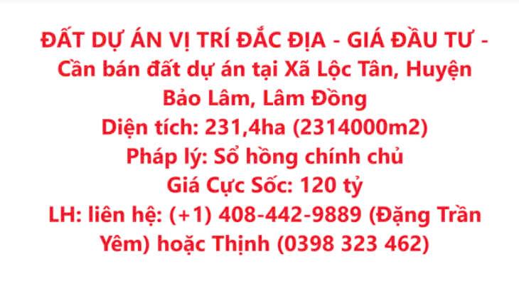 ĐẤT DỰ ÁN VỊ TRÍ ĐẮC ĐỊA - GIÁ ĐẦU TƯ - Cần bán đất dự án tại Xã Lộc Tân, Huyện Bảo Lâm, Lâm Đồng2143279