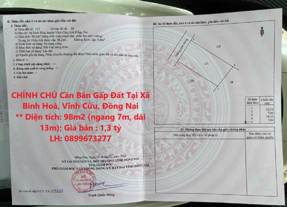 CHÍNH CHỦ Cần Bán Gấp Đất Tại Xã Bình Hoà, Vĩnh Cửu, Đồng Nai2110295