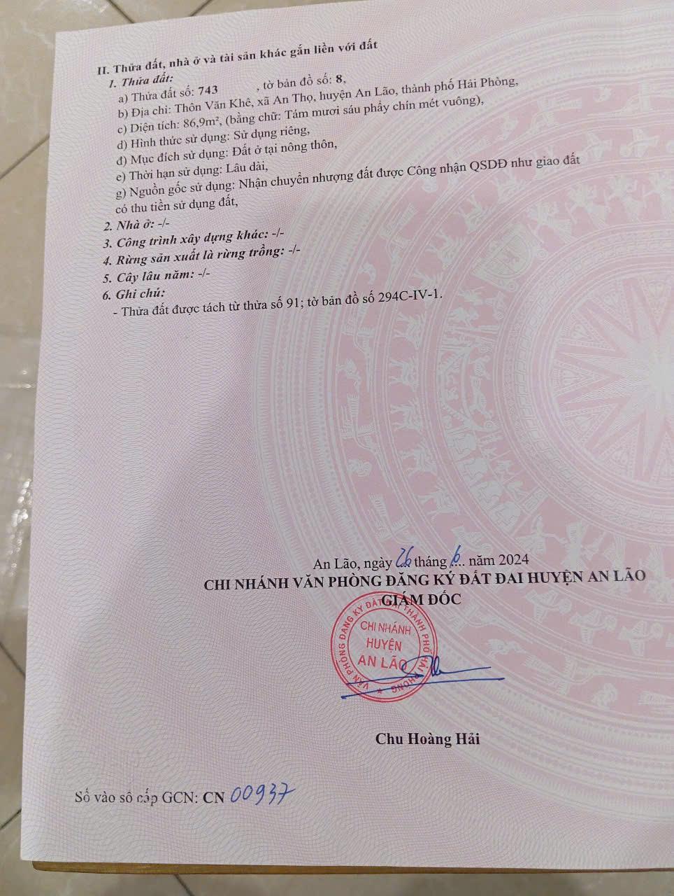 CHÍNH CHỦ CẦN BÁN LÔ ĐẤT 86,9m2 TẠI AN THỌ -AN LÃO -TP HẢI PHÒNG2468093