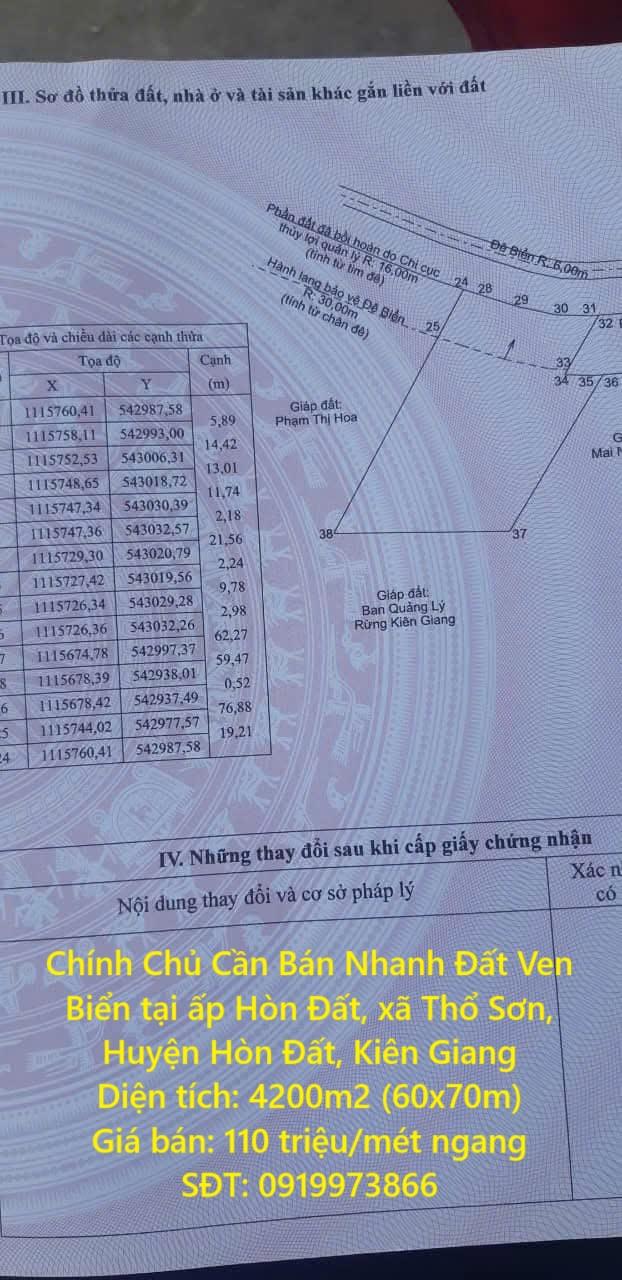 Chính Chủ Cần Bán Nhanh Đất Ven Biển tại ấp Hòn Đất, xã Thổ Sơn, Huyện Hòn Đất, Kiên Giang2590229