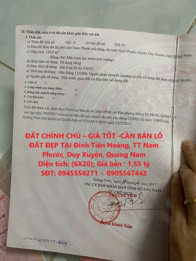 ĐẤT CHÍNH CHỦ – GIÁ TỐT -CẦN BÁN LÔ ĐẤT ĐẸP TẠI Đinh Tiên Hoàng, TT Nam Phước, Duy Xuyên, Quảng Nam2501277