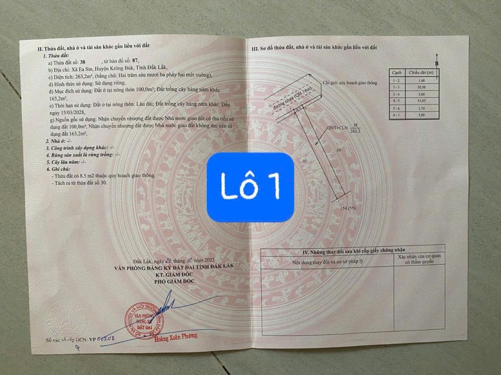Ea Sin-Krong Busk- Đắk Lắk diện tích 260m2 sẵn 100m2 thổ cư kdc mặt tiền nhựa giá chỉ 149tr sổ sẵn2575943