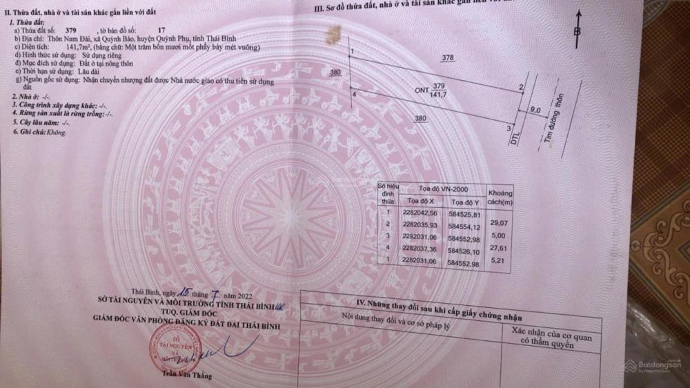 CHÍNH CHỦ GỬI BÁN ĐẤT TẠI THÔN NAM ĐẠI - XÃ QUỲNH BẢO - QUỲNH PHỤ - THÁI BÌNH2578614