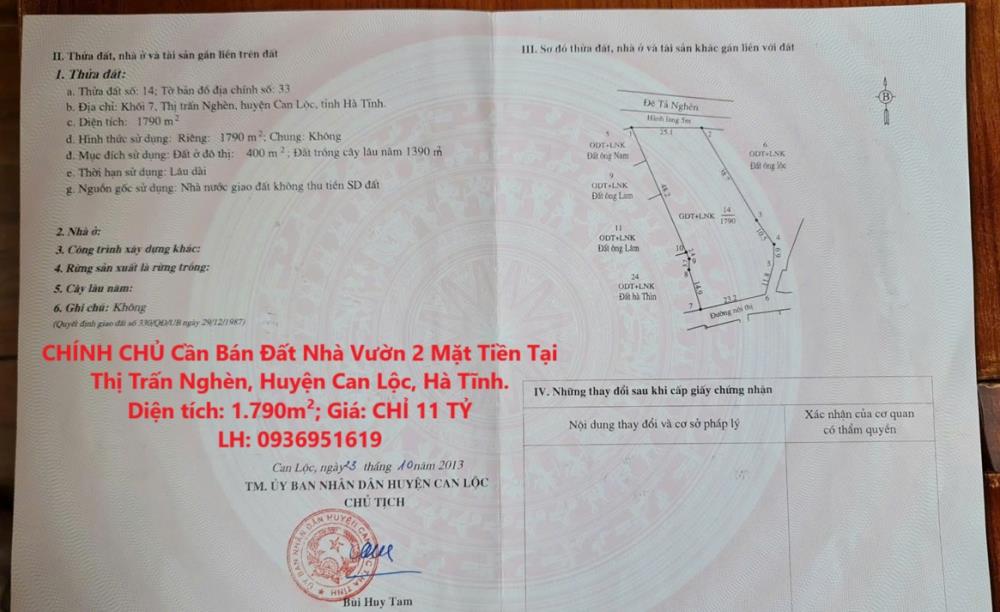 CHÍNH CHỦ Cần Bán Đất Nhà Vườn 2 Mặt Tiền Tại Thị Trấn Nghèn, Huyện Can Lộc, Hà Tĩnh.2423110