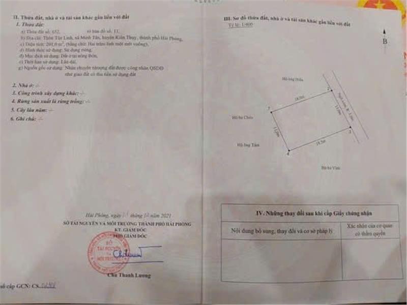 Chính Chủ Cần Bán Lô Đất 201m2  Vị Trí Tại Xã Minh Tân, Kiến Thụy, TP Hải Phòng2616344