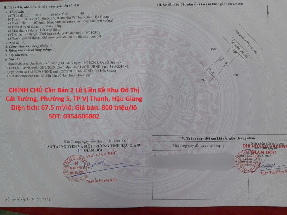 CHÍNH CHỦ Cần Bán 2 Lô Liền Kề Khu Đô Thị Cát Tường, Phường 5, TP Vị Thanh, Hậu Giang2609825