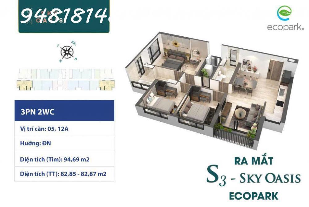 Chính chủ cần bán căn góc đặc biệt 3PN2VS phân khu SKY OASIS, thành phố xanh ECOPARK.2528749