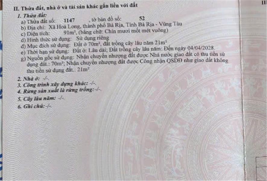 Bán Gấp Đất Nền Dự Án Tỉnh Lộ 56,Xã Hòa Long, TP.Bà Rịa, Bà Rịa Vũng Tàu, 91 m², giá thỏa thuận2621069