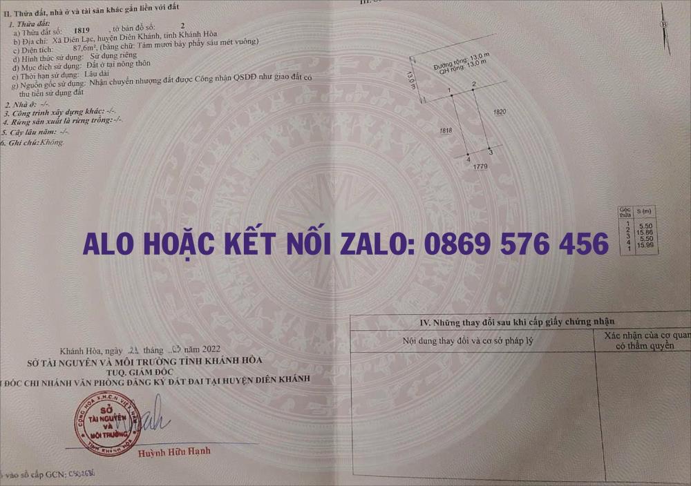 cần bán lô đất ở tại xã diên lạc, diên khánh, khánh hoà2427074
