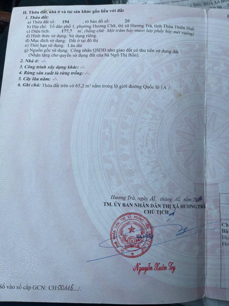 NHÀ ĐẸP - GIÁ TỐT -CẦN BÁN CĂN NHÀ TẠI 116 Lý Nhân Tông, Hương Chữ, Hương Trà, TP. Huế, THỪA THIÊN HUẾ2590218