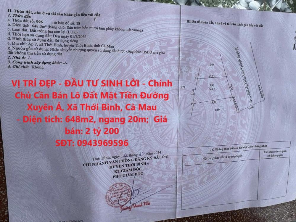 VỊ TRÍ ĐẸP - ĐẦU TƯ SINH LỜI - Chính Chủ Cần Bán Lô Đất Mặt Tiền Đường Xuyên Á, Xã Thới Bình, Cà Mau2571807