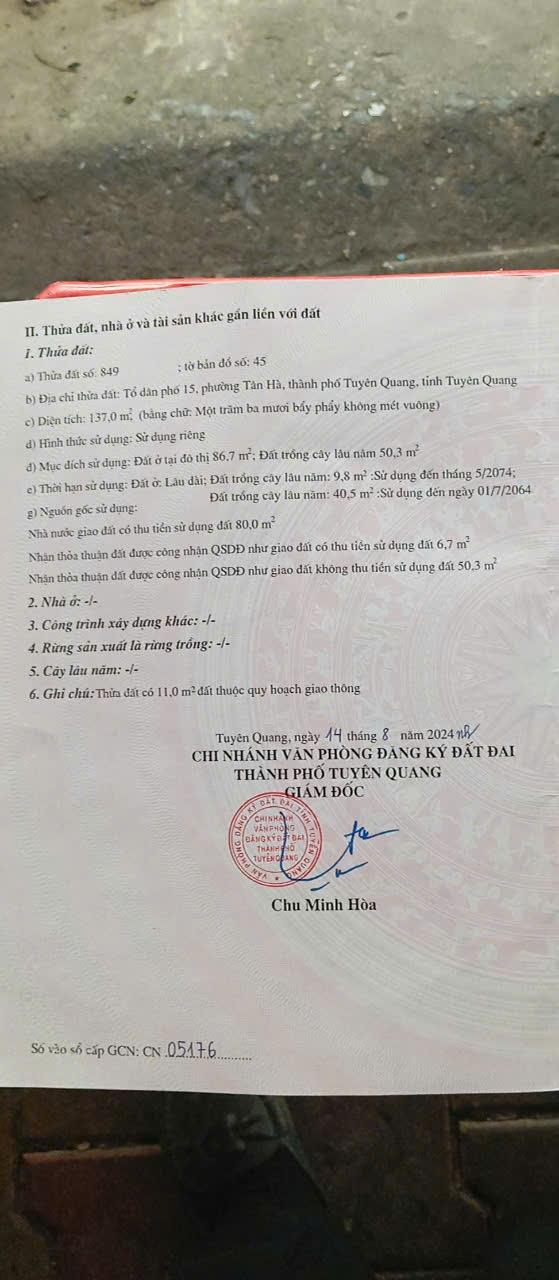 Chính chủ cần bán Nhanh Lô Mặt Đường Chính Vị Trí đẹp Tại Tổ Dân Phố 15 – Tân Hà – Tuyên Quang.2607044