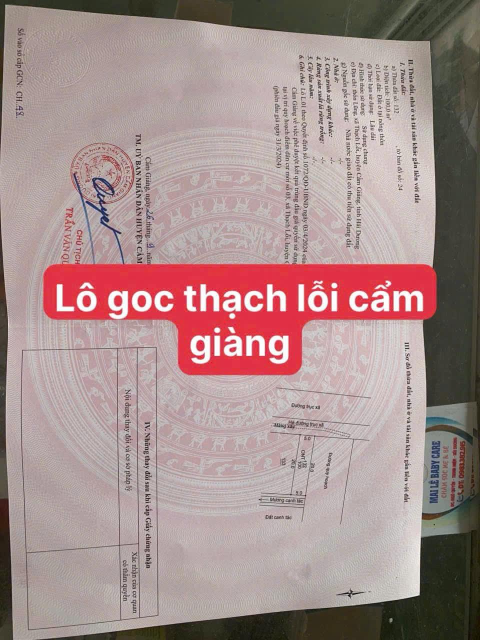 Chính chủ cần bán lô đất 100m2 thôn Lũng xã Thạch lỗi huyện Cẩm Giàng Hải Dương2412080