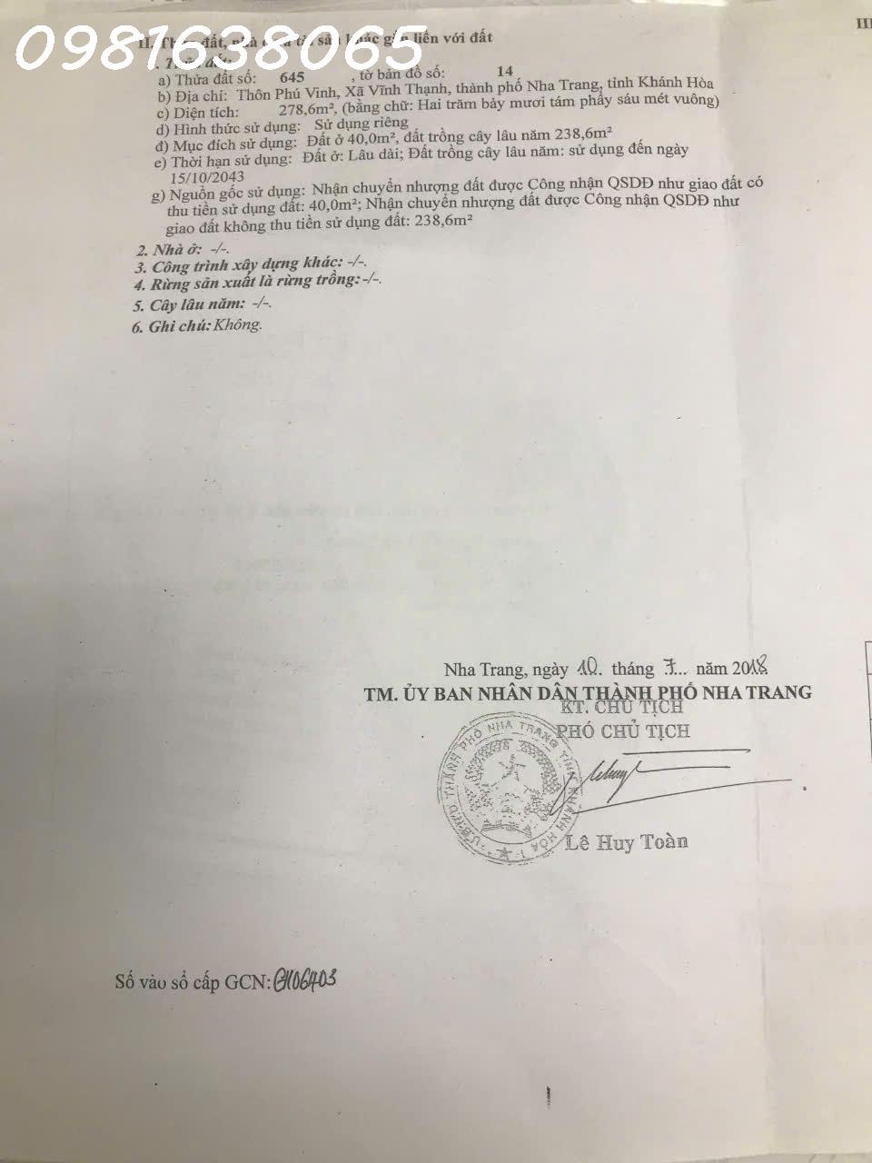 Hàng Hiếm Cần Bán, Phù Hợp Tách Thửa, Cách Đường Lương Định Của Chỉ 30m,  Xã Vĩnh Thạnh, Khánh Hòa2363481