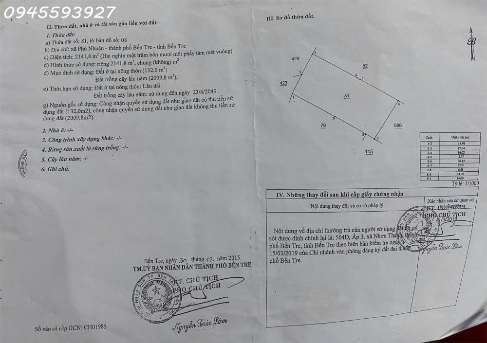 Chính chủ cần bán 2141m2 đất xã Phú Nhuận, TP. Bến Tre2402533