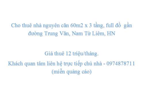 cần cho thuê nhà nguyên căn 3 tầng gần đường Trung Văn, Nam Từ Liêm,2381975