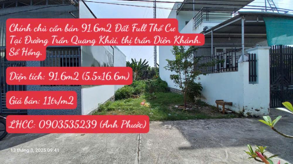 Chính chủ cần bán 91,6m2 Đất Full Thổ Cư Tại Đường Trần Quang Khải, thị trấn Diên Khánh. Sổ Hồng2545946