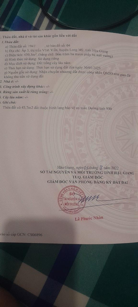 Đất nền vị trí đẹp tại thị trấn Vĩnh Viễn, huyện Long Mỹ, Hậu Giang. Giá 150 triệu/m ngang (còn thương lượng)2394086