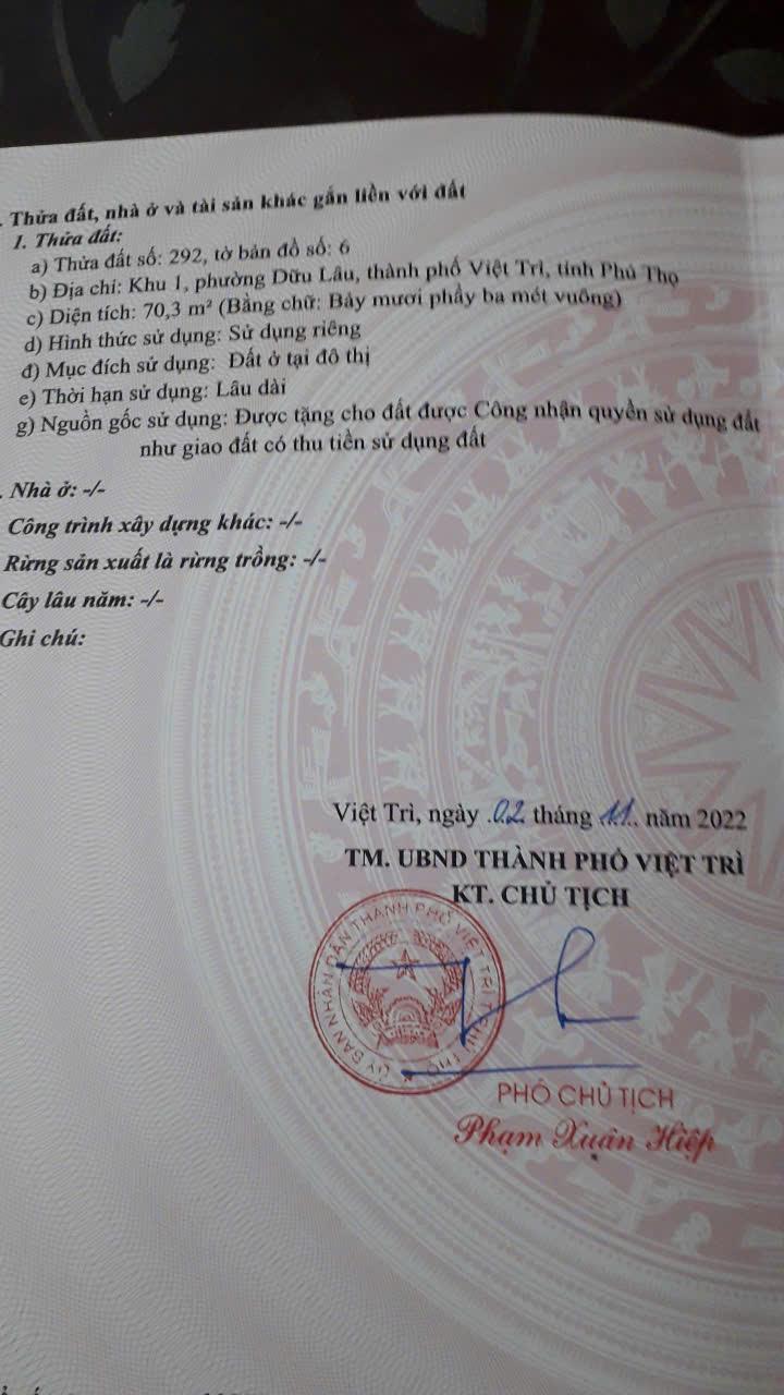 CHÍNH CHỦ CẦN BÁN ĐẤT KHU 1 PHƯỜNG DỮU LÂU THÀNH PHỐ VIỆT TRÌ TỈNH PHÚ THỌ2502670