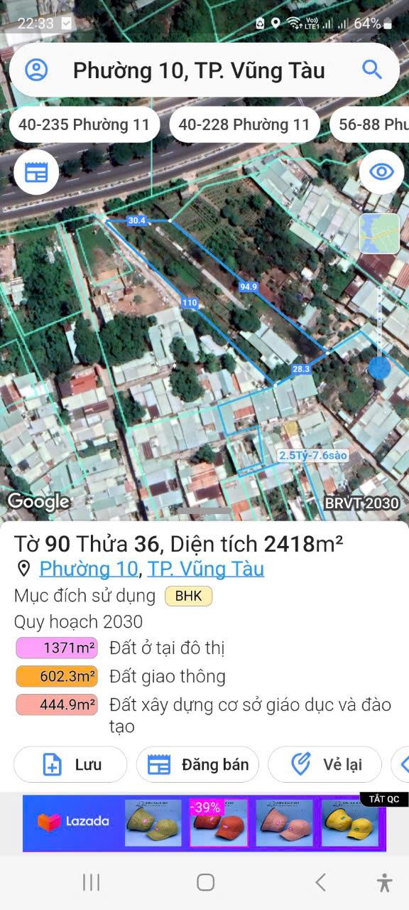 CẦN BÁN ĐẤT MẶT TIỀN ĐƯỜNG 3 THÁNG 2 P.10 - TP.VŨNG TÀU ( GẦN BÃI TẮM LONG CUNG )2391378