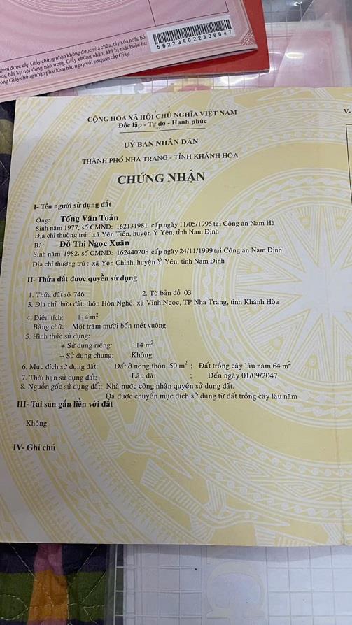 CHÍNH CHỦ CẦN BÁN LÔ ĐẤT TẠI XÃ VĨNH NGỌC- TP NHA TRANG- TỈNH KHÁNH HOÀ2548758