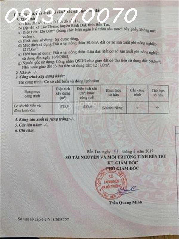 Chính chủ bán đất mặt tiền quốc lộ 57B xã lộc Thuận, Bình Đại, dt 4.344m2 sẵn sổ giao dịch2354386