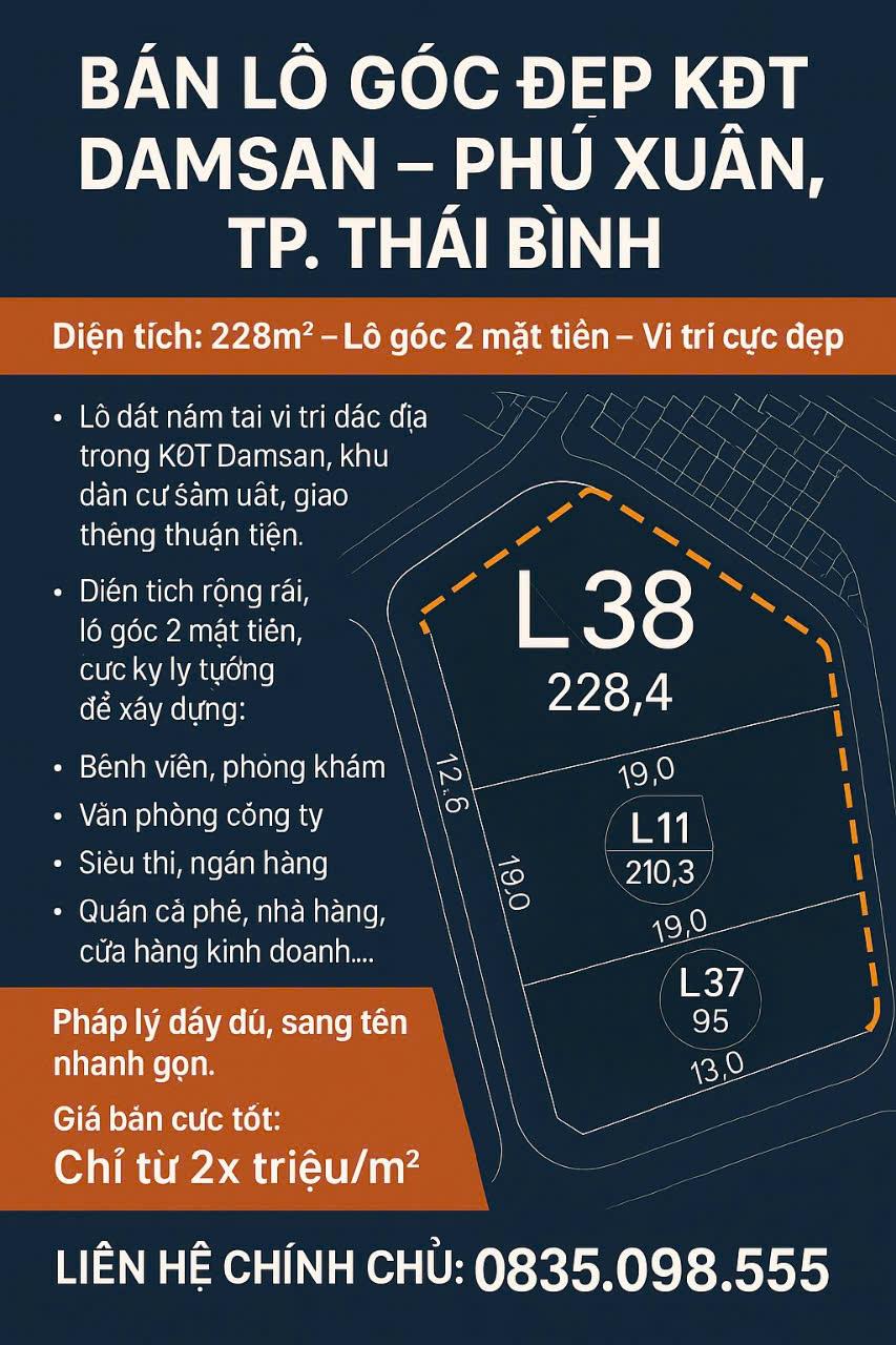 Bán Lô đất đẹp KĐT DAMSAN - Phú Xuân, TP. Thái Bình2638433