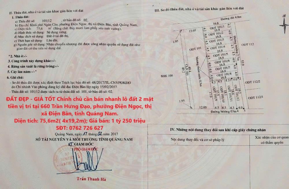 ĐẤT ĐẸP - GIÁ TỐT Chính chủ cần bán nhanh lô đất 2 mặt tiền vị trí tại thị xã Điện Bàn, tỉnh Quảng Nam.2580453