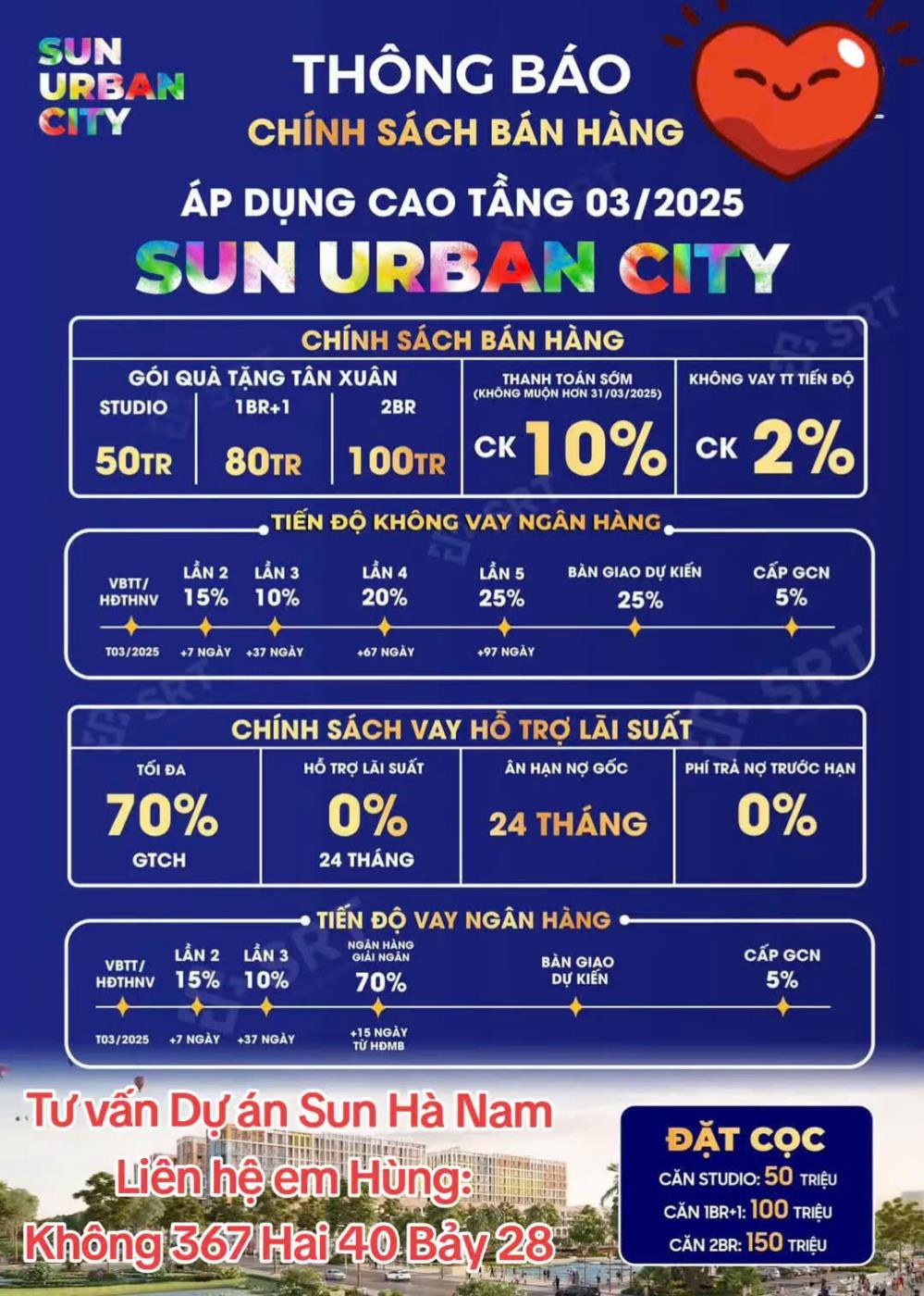 Chính Thức Ra Hàng Tại Dự Án Sun Urban City Hà Nam - Dòng Sông Ánh Sáng - Công Viên Sun Word...
♥️Nay anh em văn phòng Hà Nam vẫn tiếp khách hàng quan tâm và đặt hàng căn hộ. Xin gửi tới Anh Chị lời cảm ơn chân thành vì đã lựa chọn sản phẩm bên em tư vấn. 
🎁Em Hùng cảm ơn sự ủng hộ của Quý Khách Hàng và hy vọng rằng chất lượng dịch vụ và sản phẩm sẽ làm quý khách hàng cảm thấy hài lòng.
🎯Khách hàng đang quan tâm hãy lên hệ ngay với em Hùng: 0367240728 để nhận quỹ căn đẹp nhé!2469023