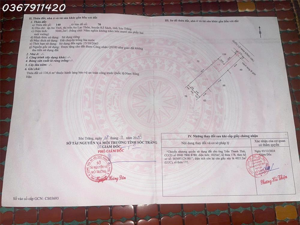 Bán lô đất 4.021m2 mặt tiền 10m Quốc Lộ 91B Thị trấn An Lạc Thôn, Kế Sách, Sóc Trăng2620071