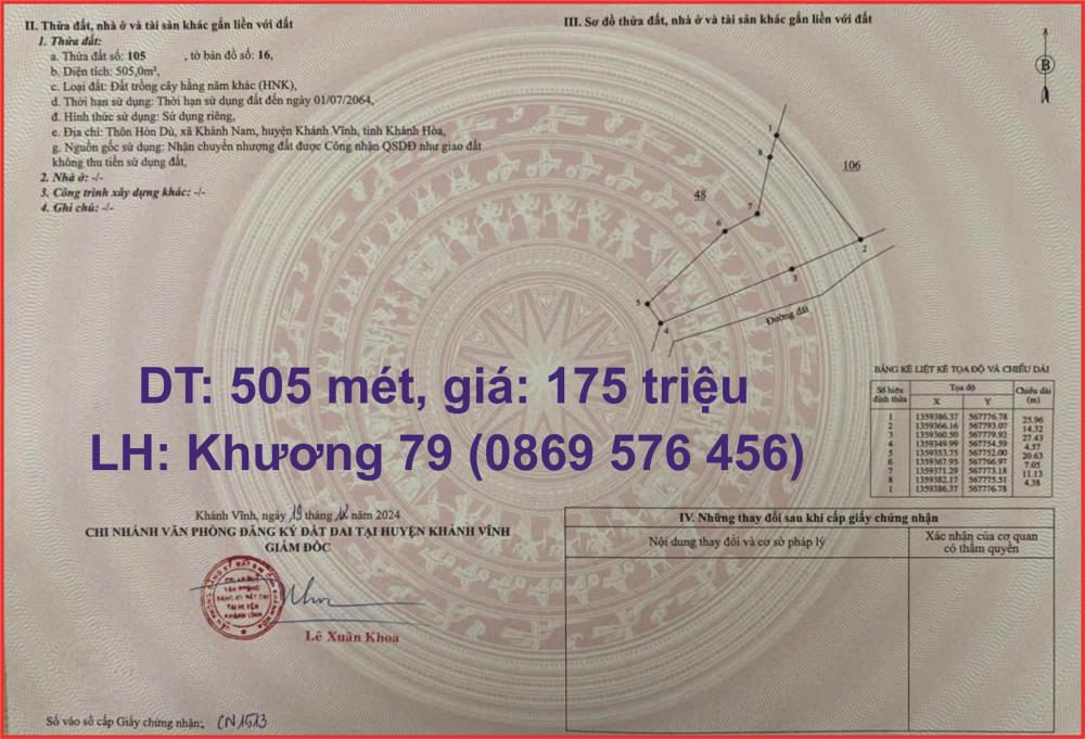 CẦN XẢ NHANH 505 MÉT ĐẤT VỚI GIÁ 175 TRIỆU TẠI KHÁNH HOÀ2314560