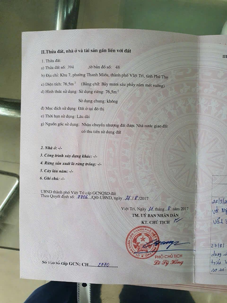CHÍNH CHỦ CẦN BÁN ĐẤT KHU 7  PHƯỜNG THANH MIẾU THÀNH PHỐ VIỆT TRÌ TỈNH PHÚ THỌ2502580