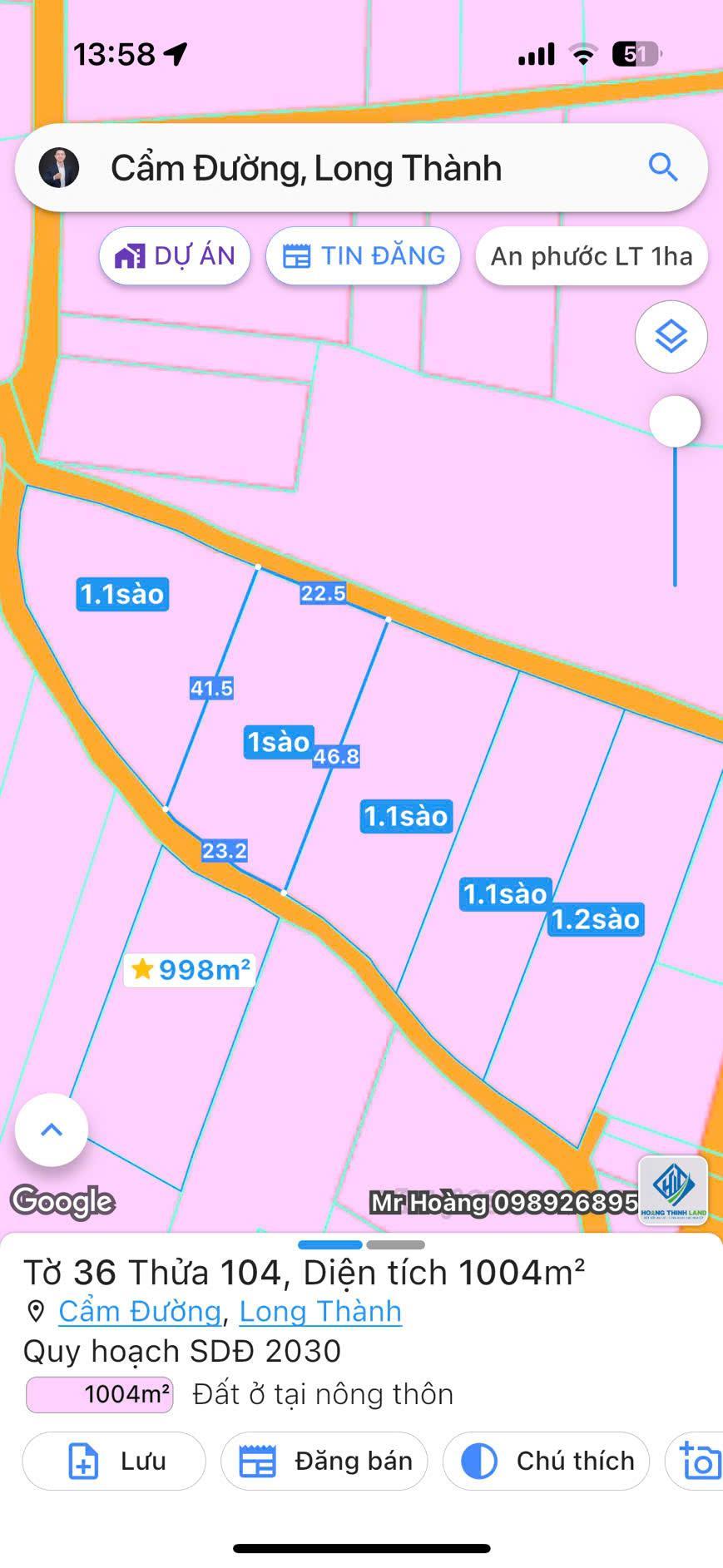 BÁN 5 LÔ ĐÂT 1000M² LIỀN KỀ 2 MẶT TIỀN ĐƯỜNG TẠI CẨM ĐƯỜNG LONG THÀNH LH TÀI 09212277882603357