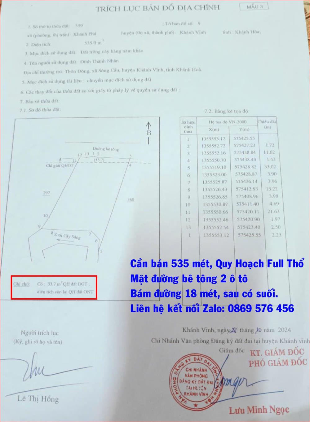 CẦN BÁN LÔ ĐẤT VƯỜN TẠI XÃ KHÁNH PHÚ, KHÁNH VĨNH, KHÁNH HOÀ2423215