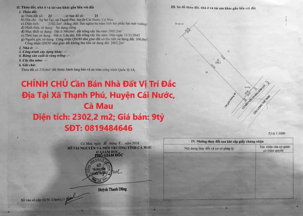 CHÍNH CHỦ Cần Bán Nhà Đất Vị Trí Đắc Địa Tại Xã Thạnh Phú, Huyện Cái Nước, Cà Mau2554844