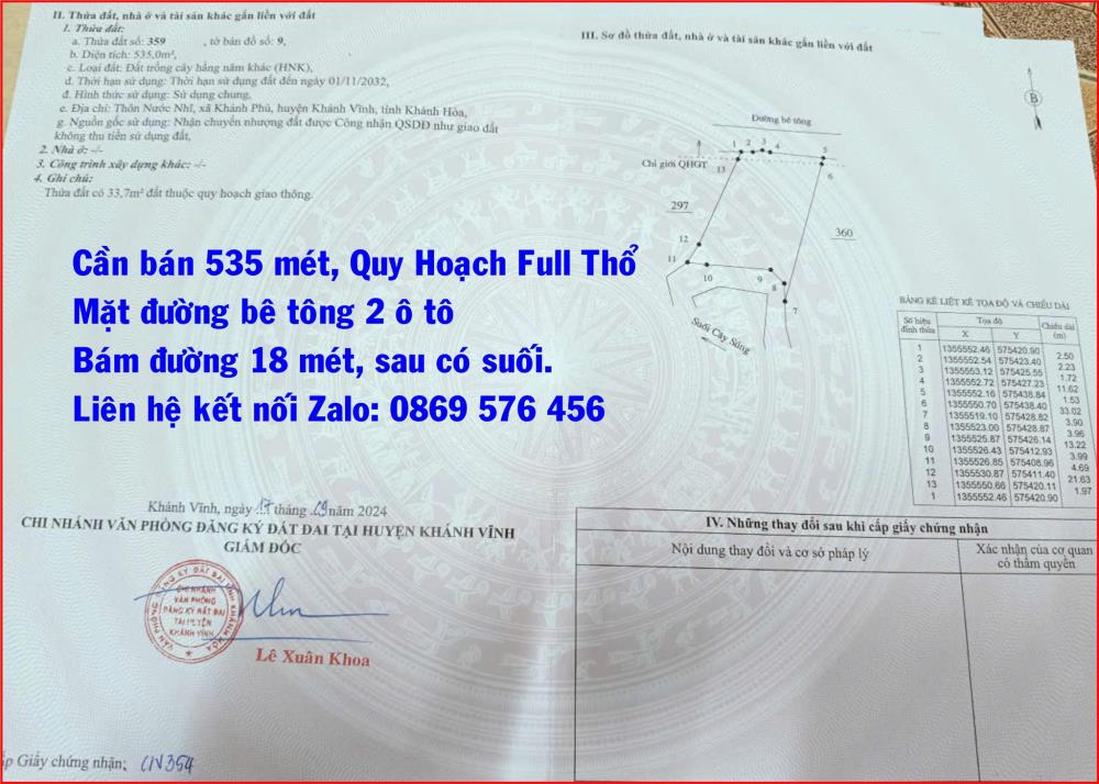 CẦN BÁN LÔ ĐẤT VƯỜN TẠI XÃ KHÁNH PHÚ, KHÁNH VĨNH, KHÁNH HOÀ2423214