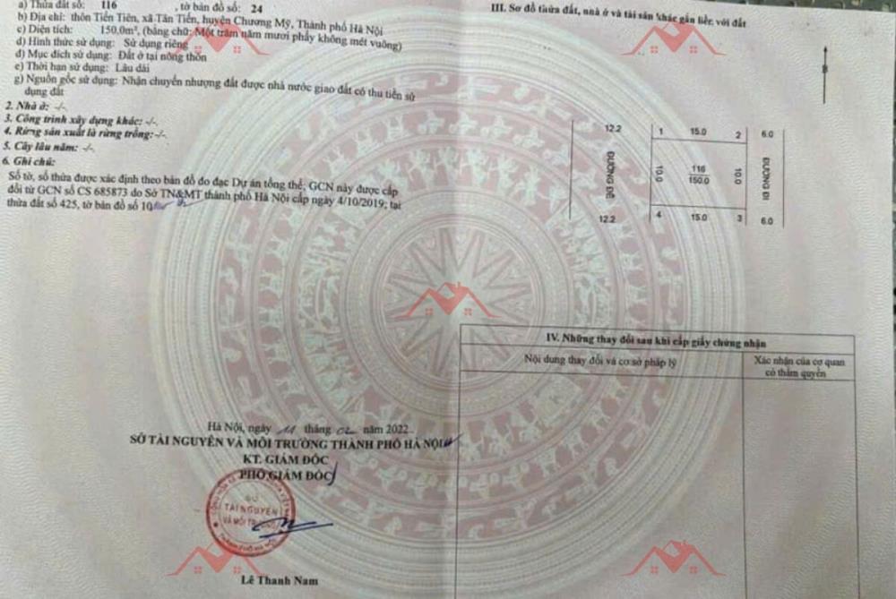CHÍNH CHỦ BÁN LÔ ĐẤT 150M TẠI TÂN TIÊN-CHƯƠNG MỸ-HÀ NỘI2613218