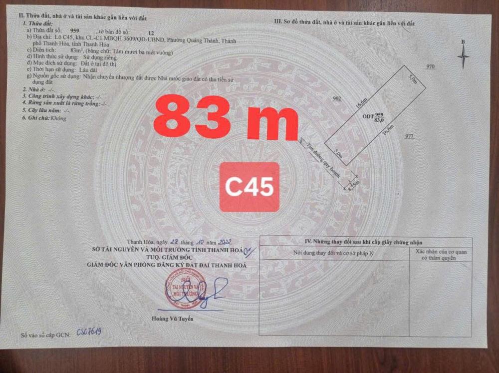 ĐẤT ĐẸP -CẦN BÁN LÔ ĐẤT VỊ TRÍ ĐẸP TẠI phường Quảng Thành , TP Thanh Hóa, tỉnh Thanh Hóa2546317
