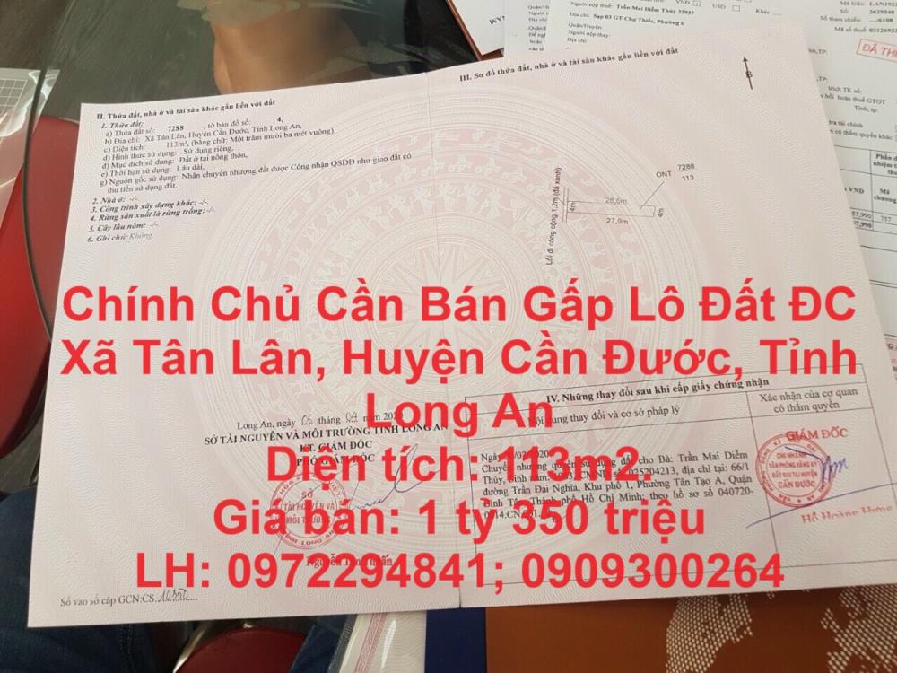 Chính Chủ Cần Bán Gấp Lô Đất ĐC Xã Tân Lân, Huyện Cần Đước, Tỉnh Long An1788726