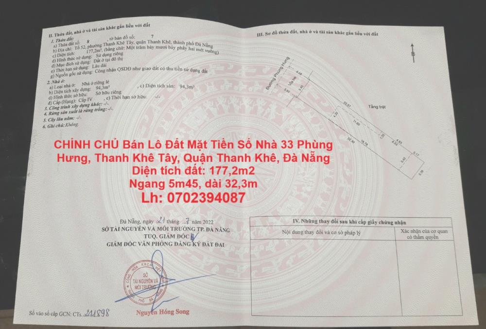 CHÍNH CHỦ Bán Lô Đất Mặt Tiền Số Nhà 33 Phùng Hưng, Thanh Khê Tây, Quận Thanh Khê, Đà Nẵng1904891