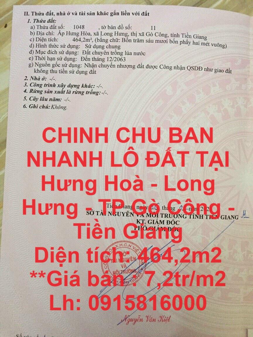 CHÍNH CHỦ BÁN NHANH LÔ ĐẤT TẠI Hưng Hoà - Long Hưng - TP Gò Công - Tiền Giang1825157