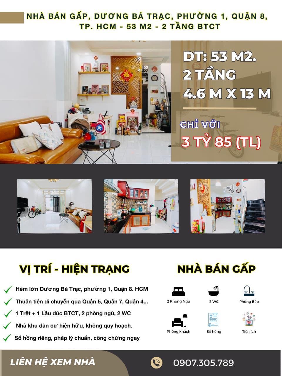 Nhà bán gấp, mặt tiền hẻm Dương Bá Trạc, Phường 1, Quận 8, 53 m2, 2 tầng, Nhỉnh 3 Tỷ.1171088